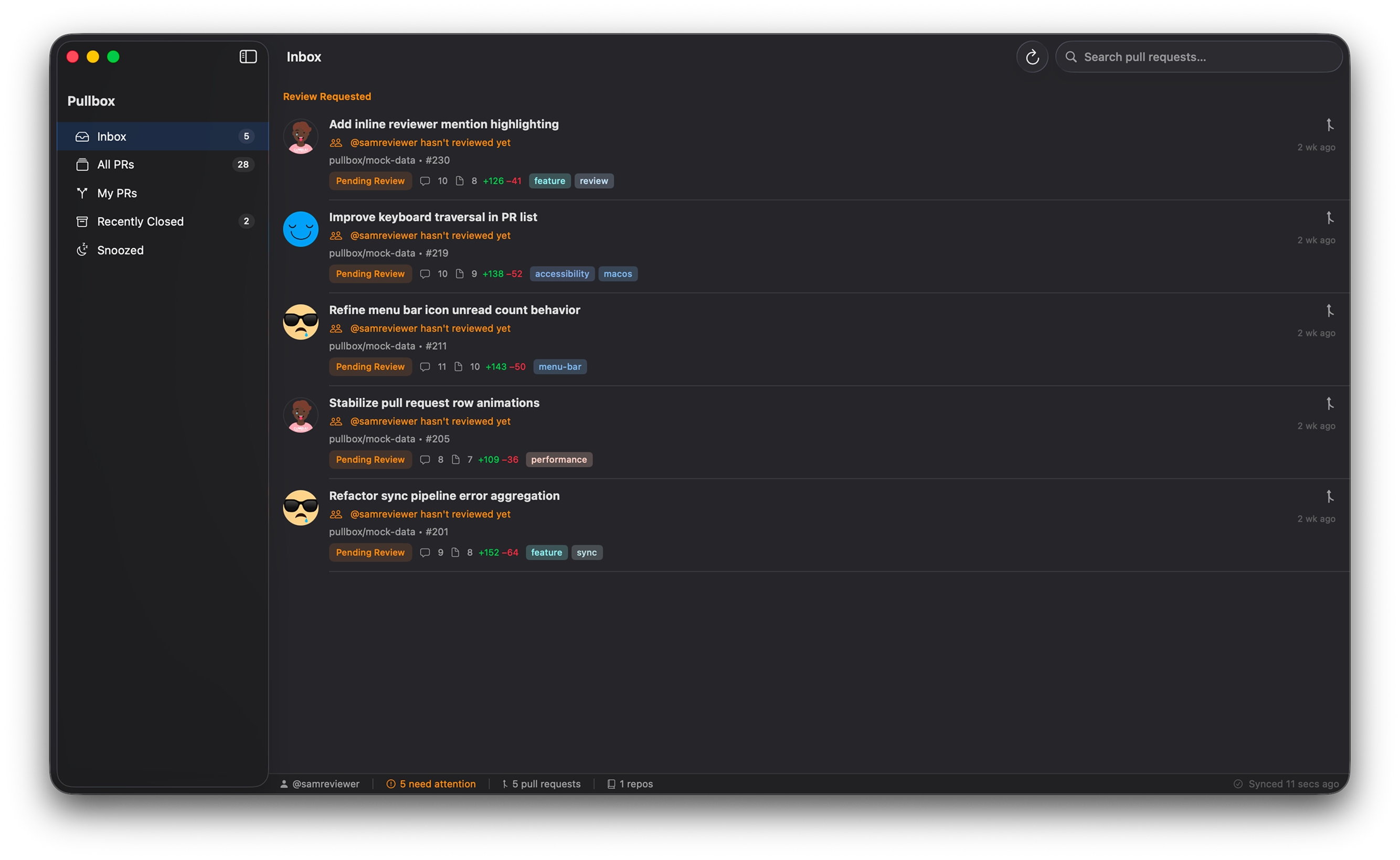 Pullbox App inbox showing pull requests with review status, labels, and diff stats.
